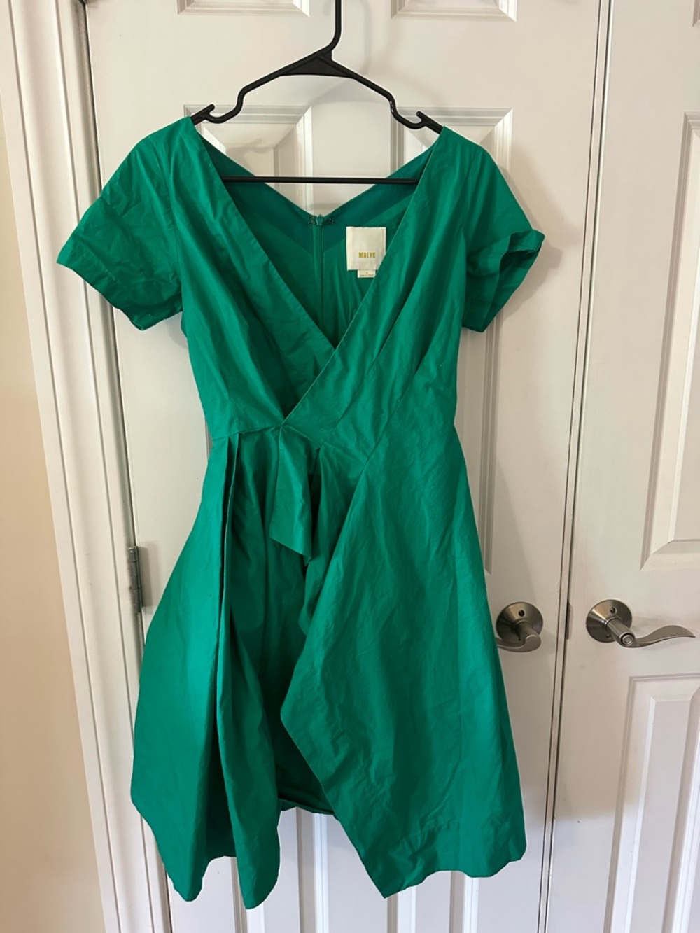 MAEVE Anthropologie Cotton Pleats Wrap Short Sleeve V-neck Green Dress 0 Pockets